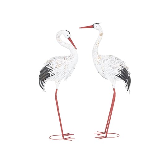 Tall White Textured Metal Crane Garden Sculpture Set